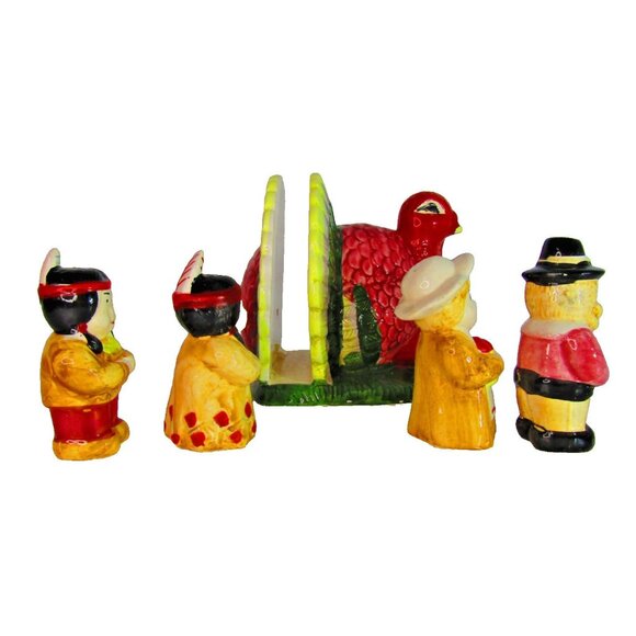 Vintage Thanksgiving Table Set Salt & Pepper Pilgrims Native American Turkey - Picture 3 of 10